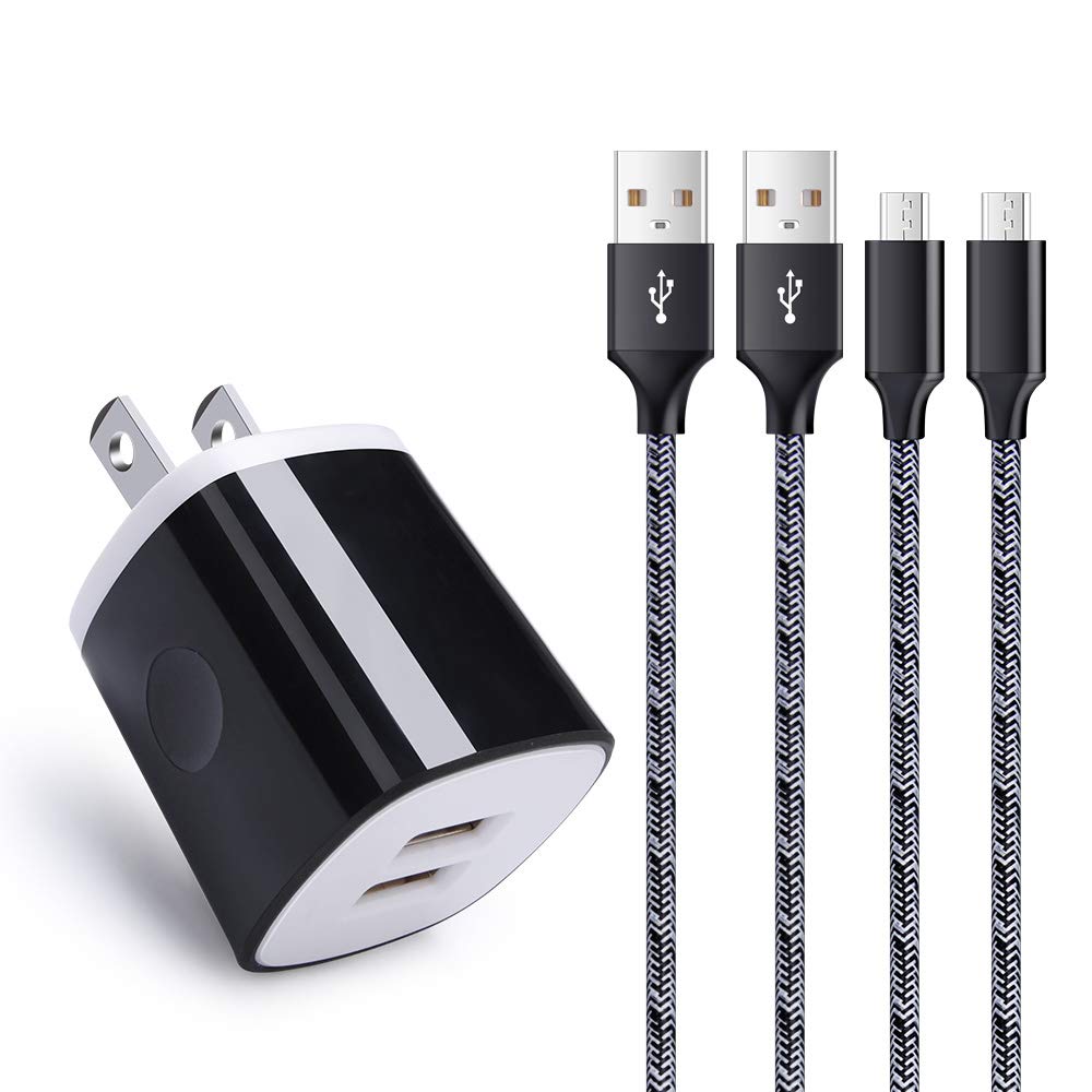 Android Wall Charger Micro Cord Kit, Dual Port Charger Block, 6FT Fast Charge Cords, Nylon Micro Cable with 2.1A Power Adapter Compatible for Samsung Galaxy S7 Edge S6 S5 S4 J7 Note 5, HTC, LG