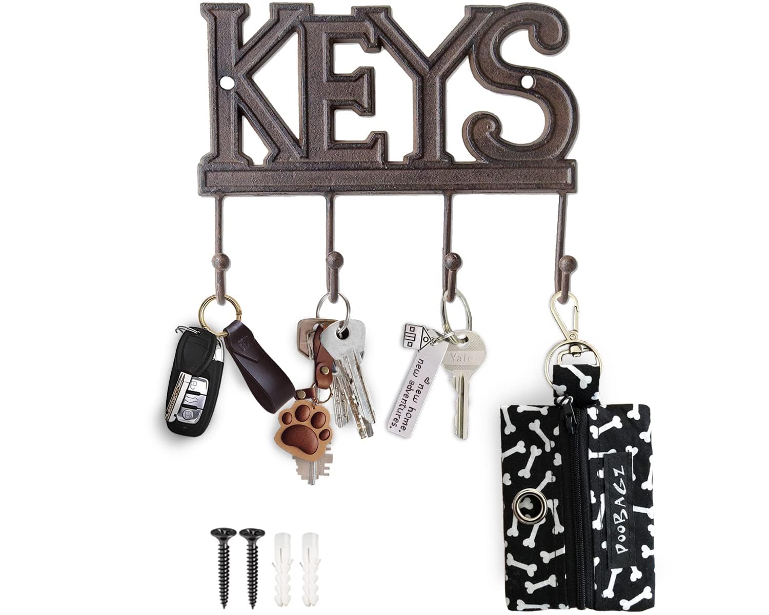 Comfify Key Holder for Wall - Cast Iron Decorative Farmhouse Rustic Wall Mount Key Organizer - 4 Key Hooks - Vintage Key Rack for Entryway with Screws and Anchors – 6x8” - Rust Brown