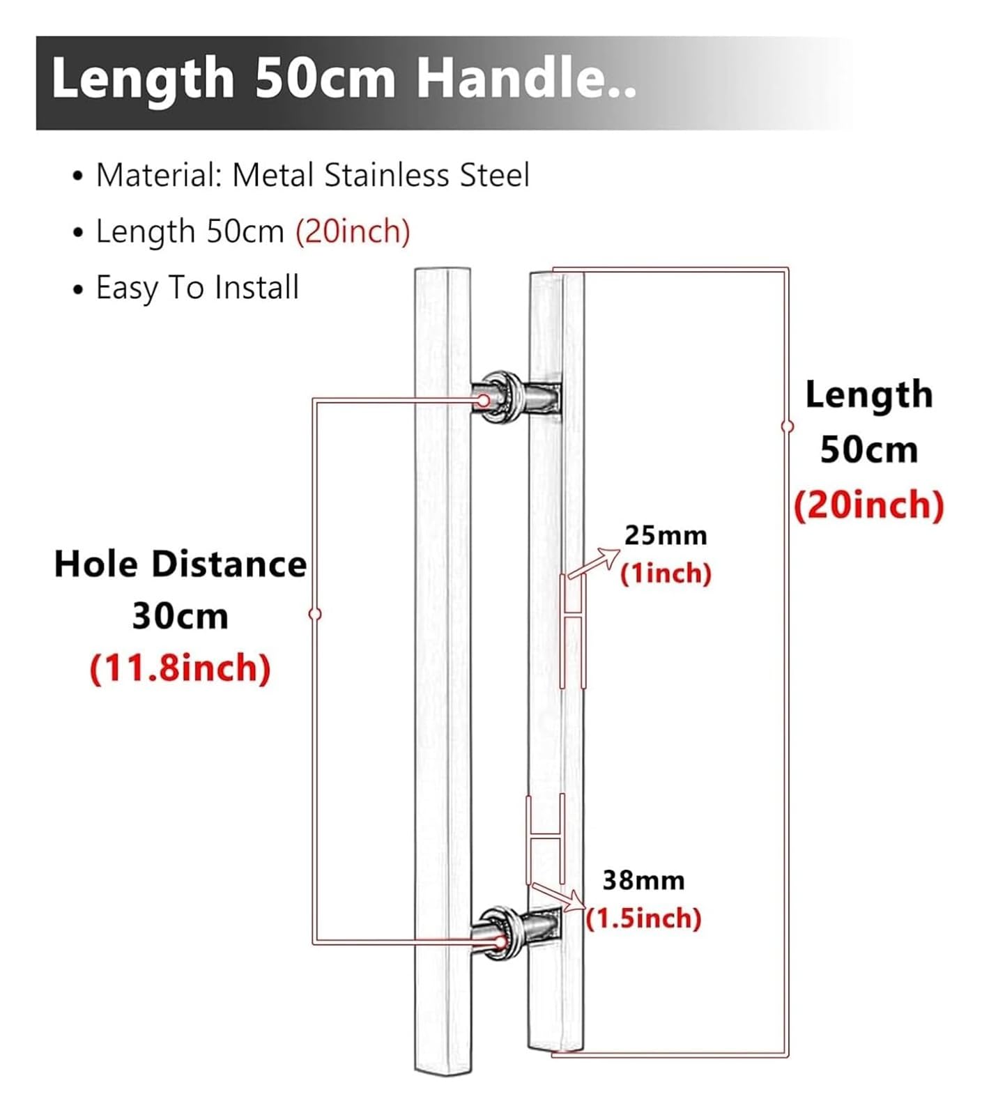 Manija de Puerta Corrediza, Manija de puerta de entrada de acero inoxidable, herrajes de granero de madera for puerta principal interior y exterior(Length 50cm(20inch))