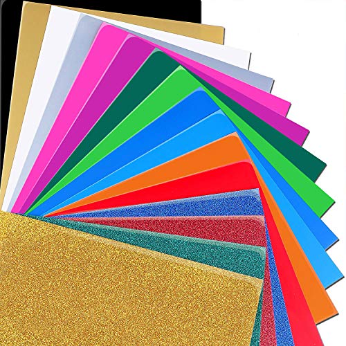 HTV Heat Transfer Vinyl Bundle 34 Sheets Assorted Colors Glitter and Matte 12''×10'' Iron on Vinyl for T-Shirt, Works with Cricut, Silhouette Cameo or Heat Press Machine