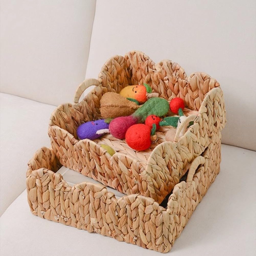 Cesta de almacenamiento de hierba de calabaza con asas de madera, 24 x 24 x 12 cm, organizador decorativo natural, papel higiénico, despensa, sala de estar, caqui
