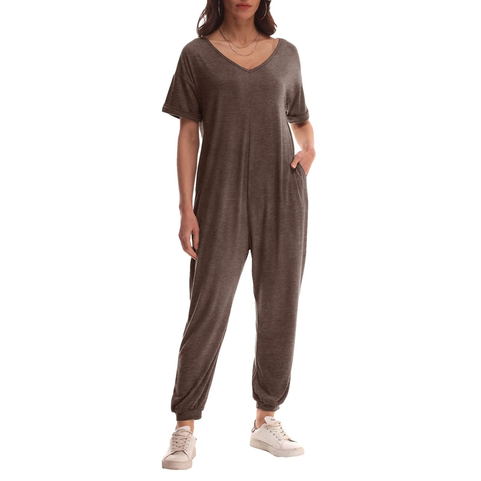 IQYU Salopette da donna, pantaloni da lavoro, estivi, in cotone, sottile, estivi, con scollo a V, con tasche, tuta sportiva