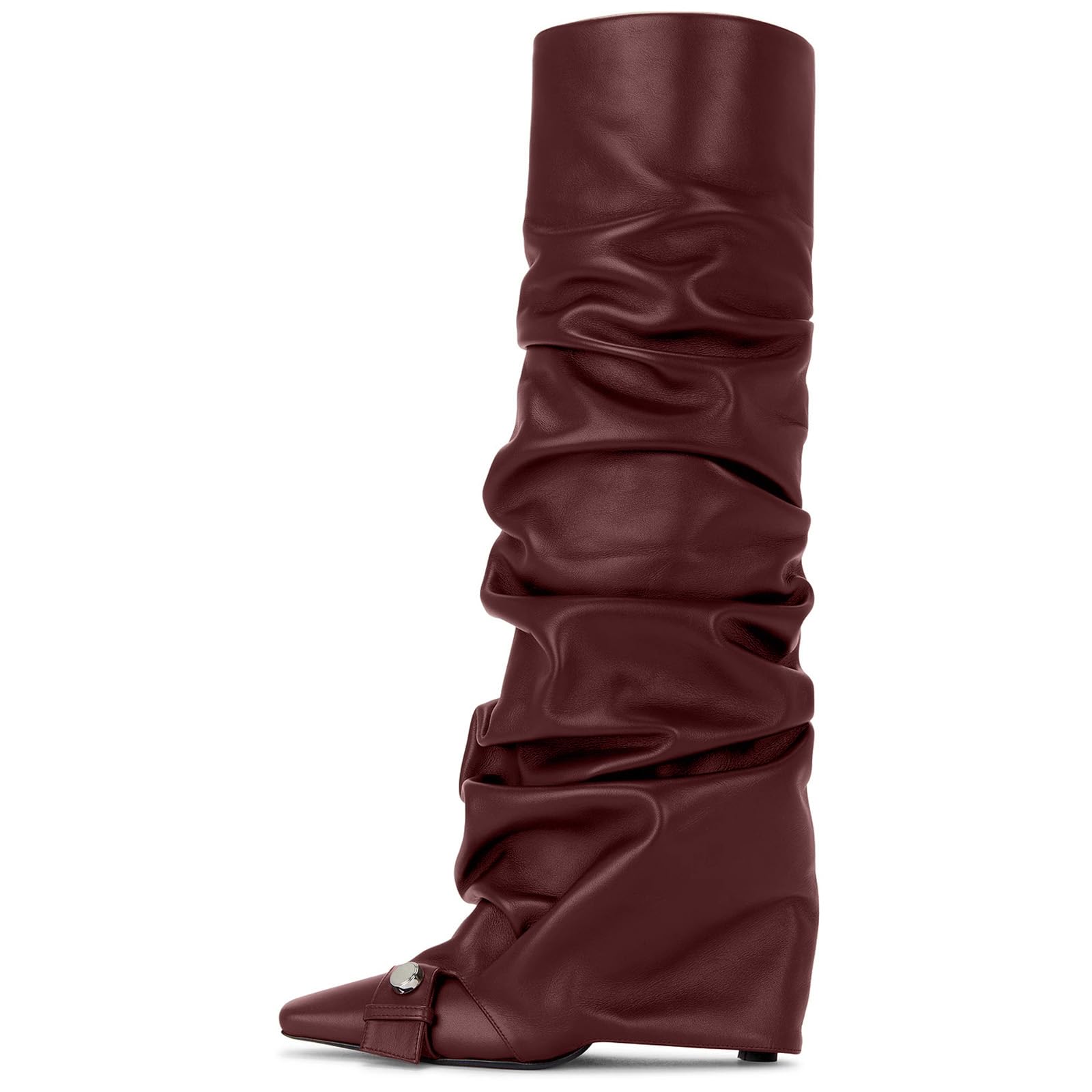 olomisa Knee High Boots for Women Square Toe Stiletto Heel Fold over Tall Boot Slouchy Studded Buttoned Strap