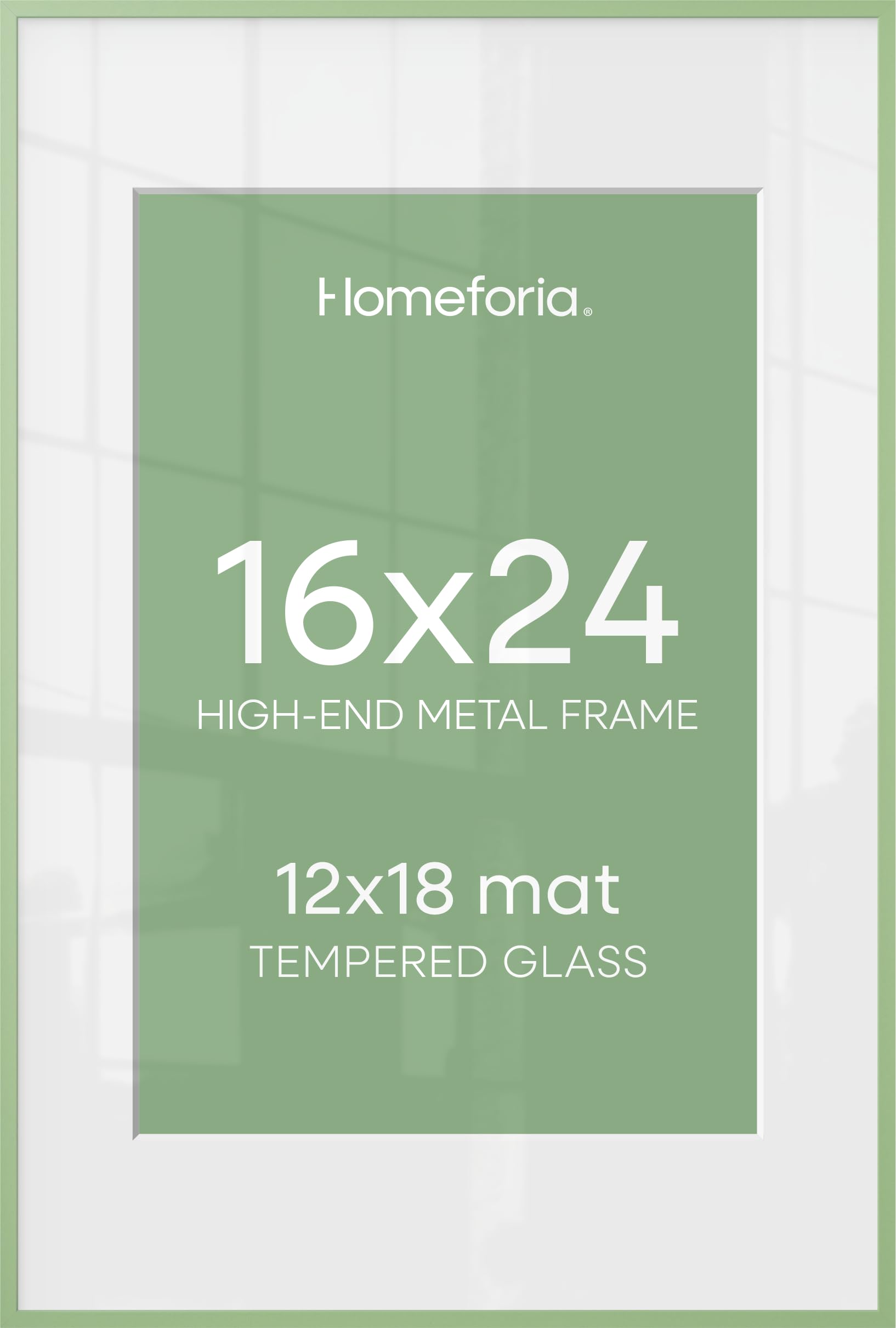 Homeforia 16x24 Sage Green Picture Frame, High End Metal 16x24 Poster Frames with Mat 12x18 inch Photo, 16 x 24 Sage Green Frame Matted to 12 by 18 Art, 24x16 Frame, Tempered Glass, Wall Kit, Set of 2