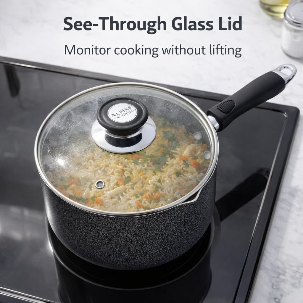 Alpine Cuisine 3-Quart Gray Nonstick Saucepan with Glass Lid | Durable & Soft Touch Handle for Boiling Eggs & Sauces