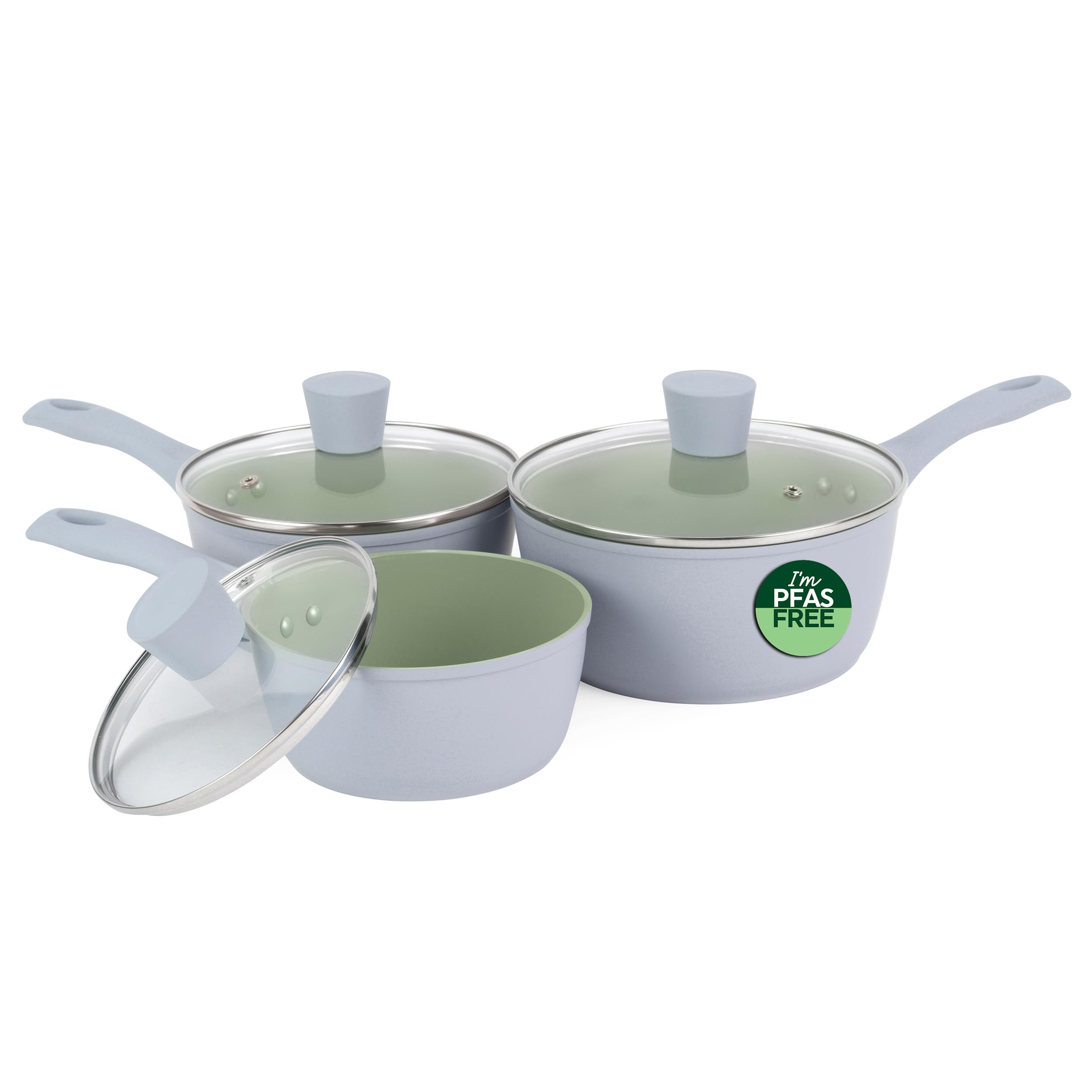 Salter Earth 3pc Saucepan Set – Sustainable Ceramic Non-Stick Coating, PFAS-Free Coating Induction Cookware, Aluminium Cooking Pots with Lids, Easy Clean, PFOA/PTFE-Free, Stay Cool Handles, Green