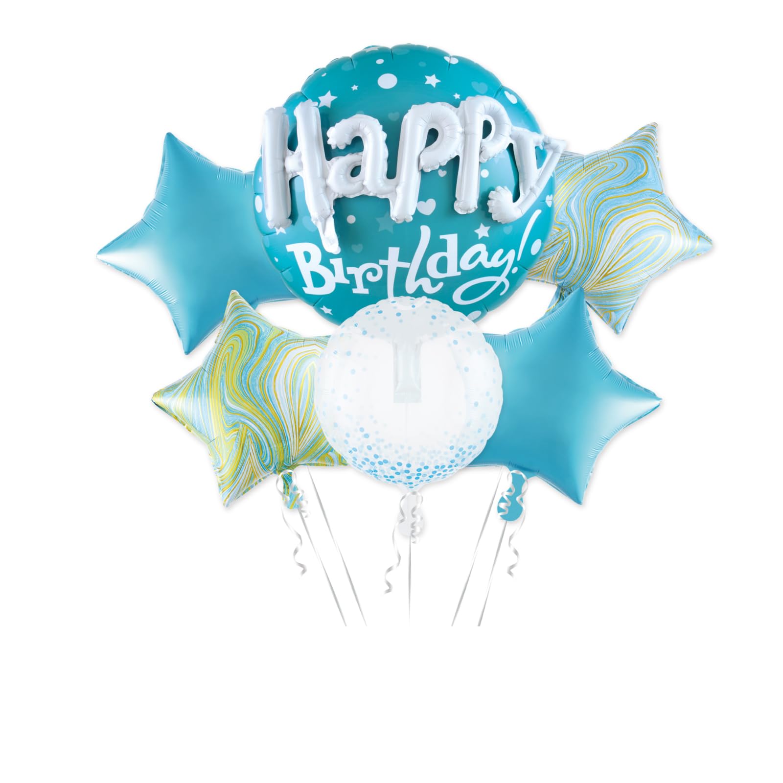 Happy Birthday Balloon Bouquet, Green and White Foil 6 Pack with Star and Round Shapes, Large