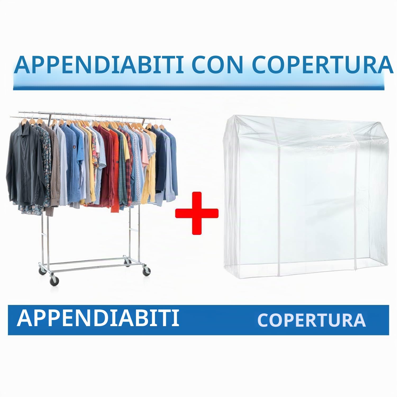 Tatkraft Denver & Safe - Stender Appendiabiti con Copertura, Doppio Barra, Portata 110kg, Appendiabiti con Ruote, 129–169×55×148–172cm Acciaio Cromato