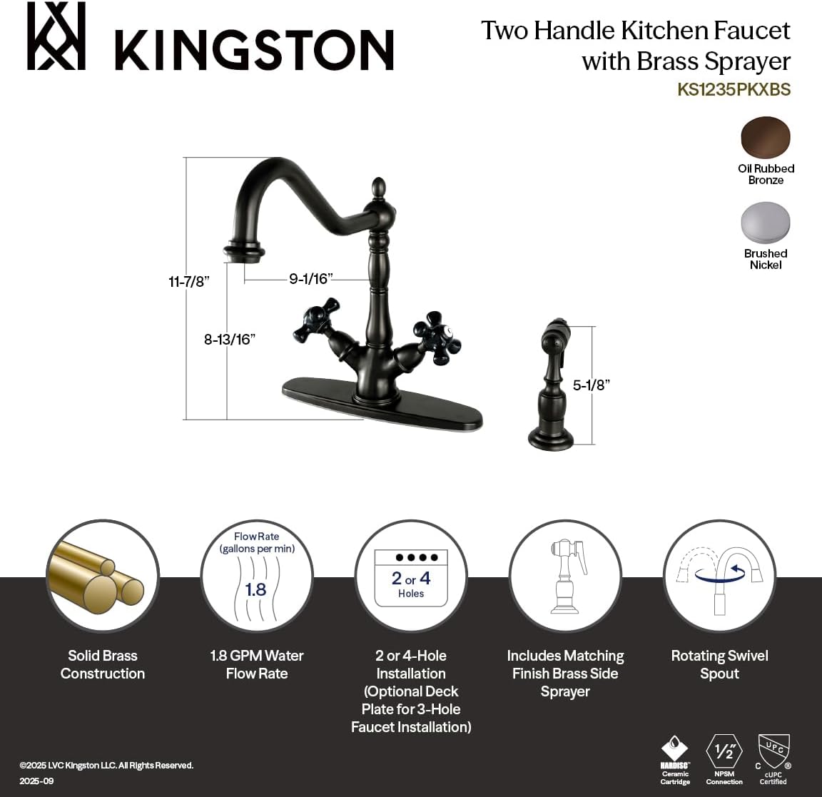 Kingston Brass KS1238PKXBS Duchess 8 inch Centerset Deck Mount Kitchen Faucet with Brass Sprayer, 8-1/2 inch In Spout Reach, Brushed Nickel