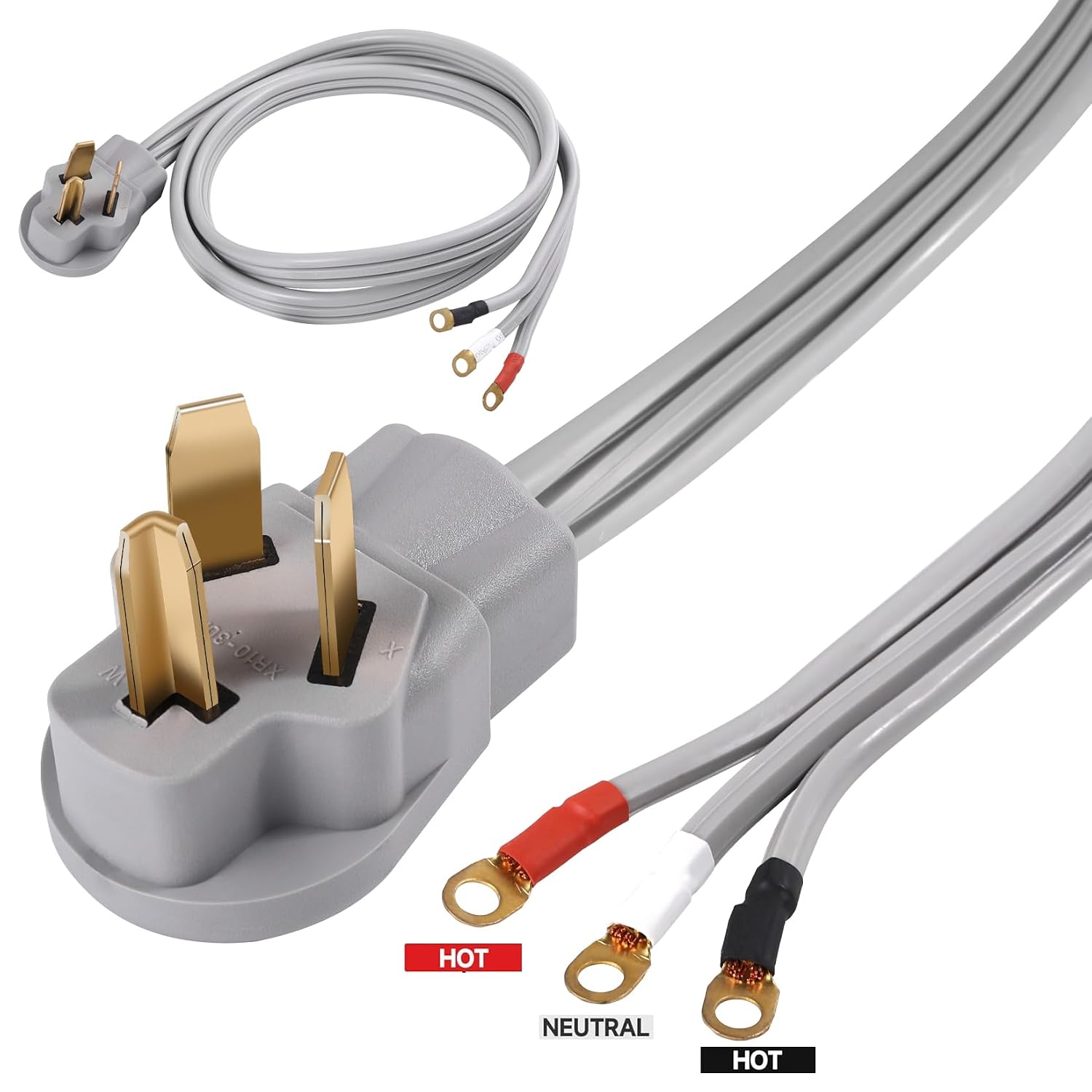 10 AWG 3 Prong Dryer Cord SRDT, 30 Amp 7500W Rated, NEMA 10-30P to 3-Wire Appliance Cord with Three Ring Terminals, Dryer Plug 3 Prong, Gray (6 FT)