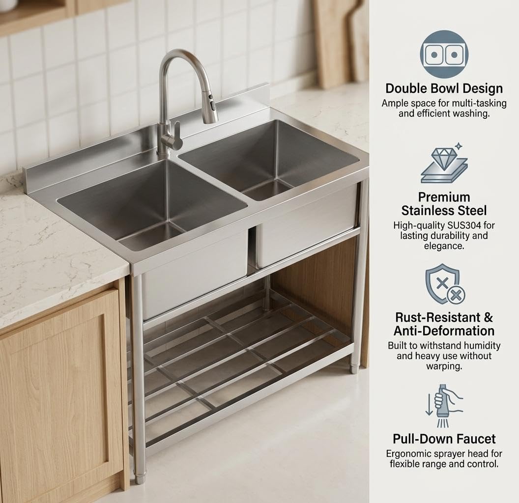 Garvee Freestanding Utility Sink 42" x 22" x 37", Extra Wide Stainless Steel Single Bowl Laundry Sink with Pull Down Faucet and Workbench Top, Deep Basin for Laundry Room, Garage, Workshop