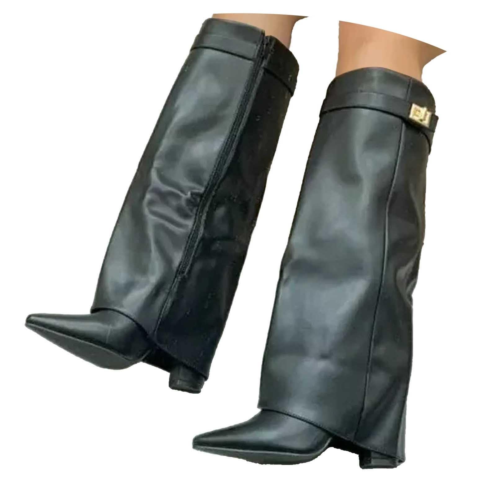 pvucpot Stivali Donna Invernali Cowboy Stivaletti Alti Tacchi Biker Fold Over Boots con Tacco
