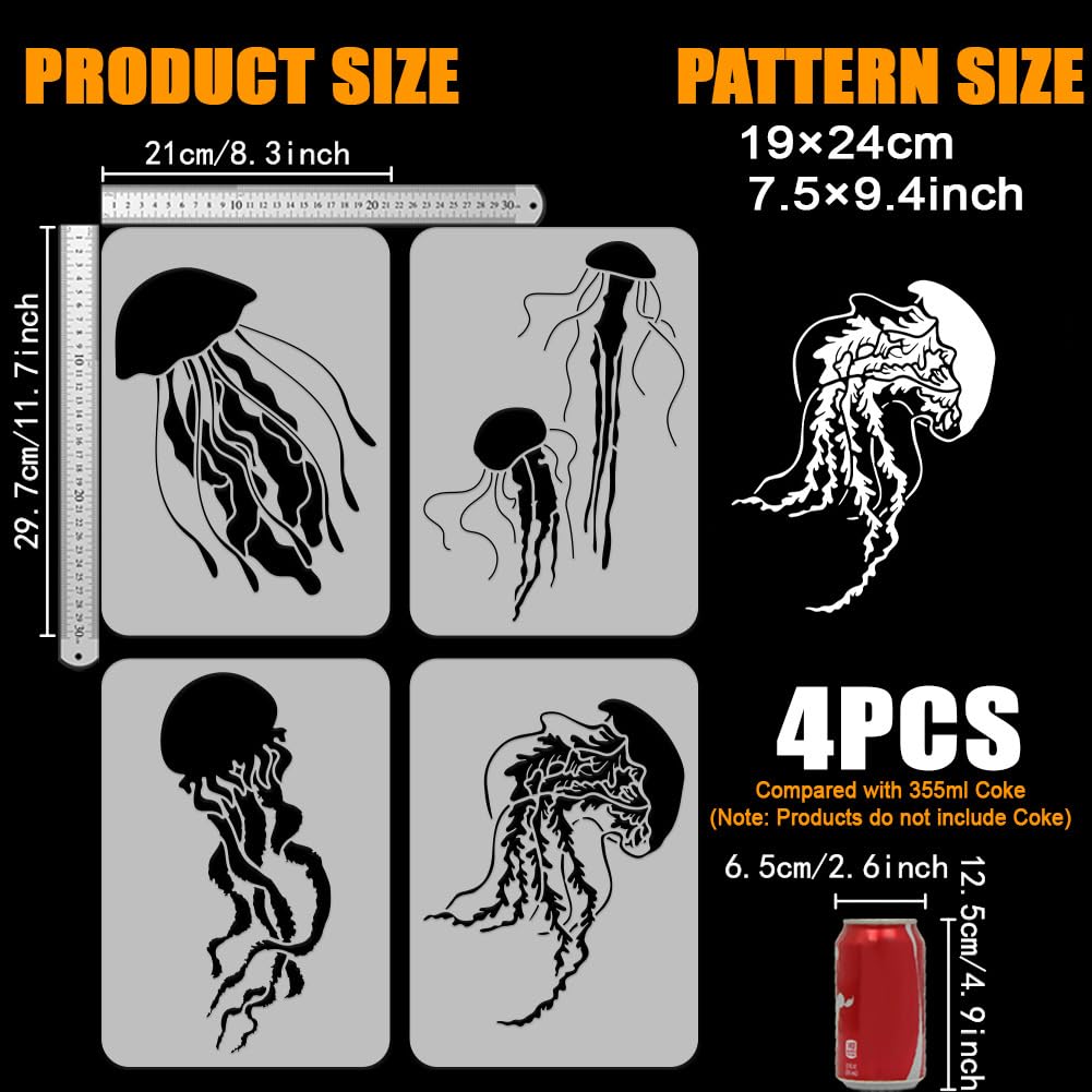 FINGERINSPIRE 4PCS 4 Styles Jellyfish Stencil for Painting 21x29.7cm Reusable Sea Life Stencils Jellyfish Pattern Ocean Theme Stencil for Painting on Wall Wood Canvas Fabric Floor Furniture - Image 2