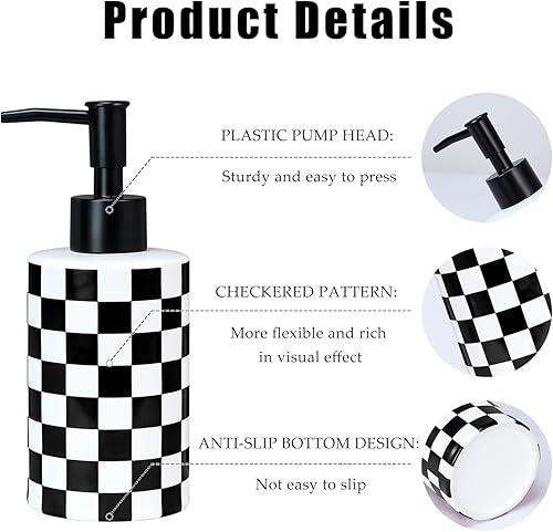 Miniatura 3 de Dispensador de jabón a cuadros con bomba mate, botella de jabón de cerámica blanca y negra para cocina, baño, recipientes de jabón de manos