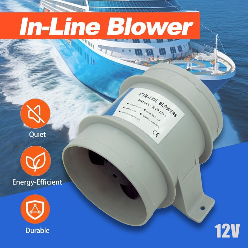 Inline Blower，Bilge Blower 12V 4A Marine Bilge Blower Air Blower Boat Cool Fan Marine Ventilation