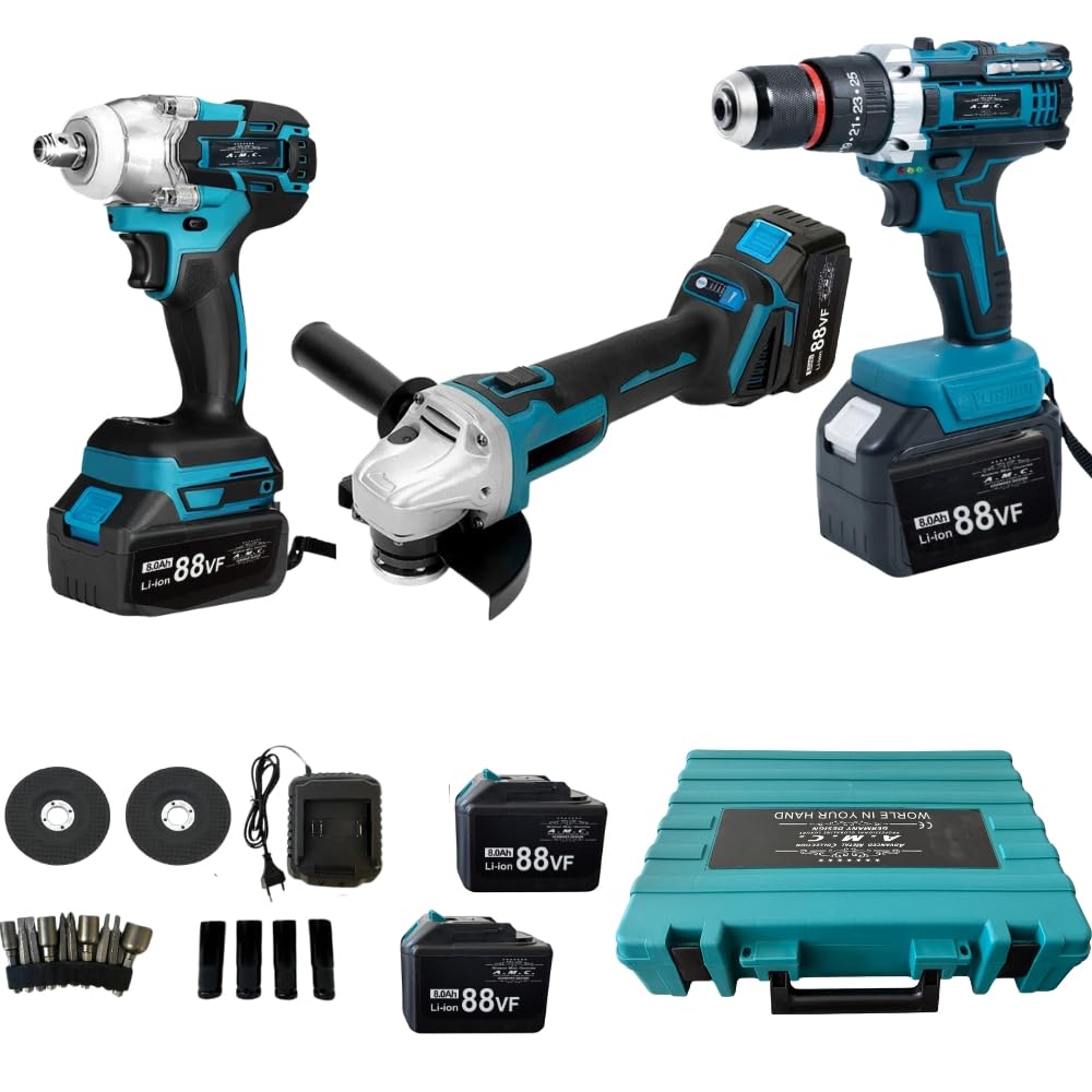 A.M.C. Kit Completo Professionale Fai da Te 3 in 1 con Trapano Avvitatore a Batteria, Smerigliatrice Angolare a Batteria, Trapano ad Impulsi Svita Bulloni 88v