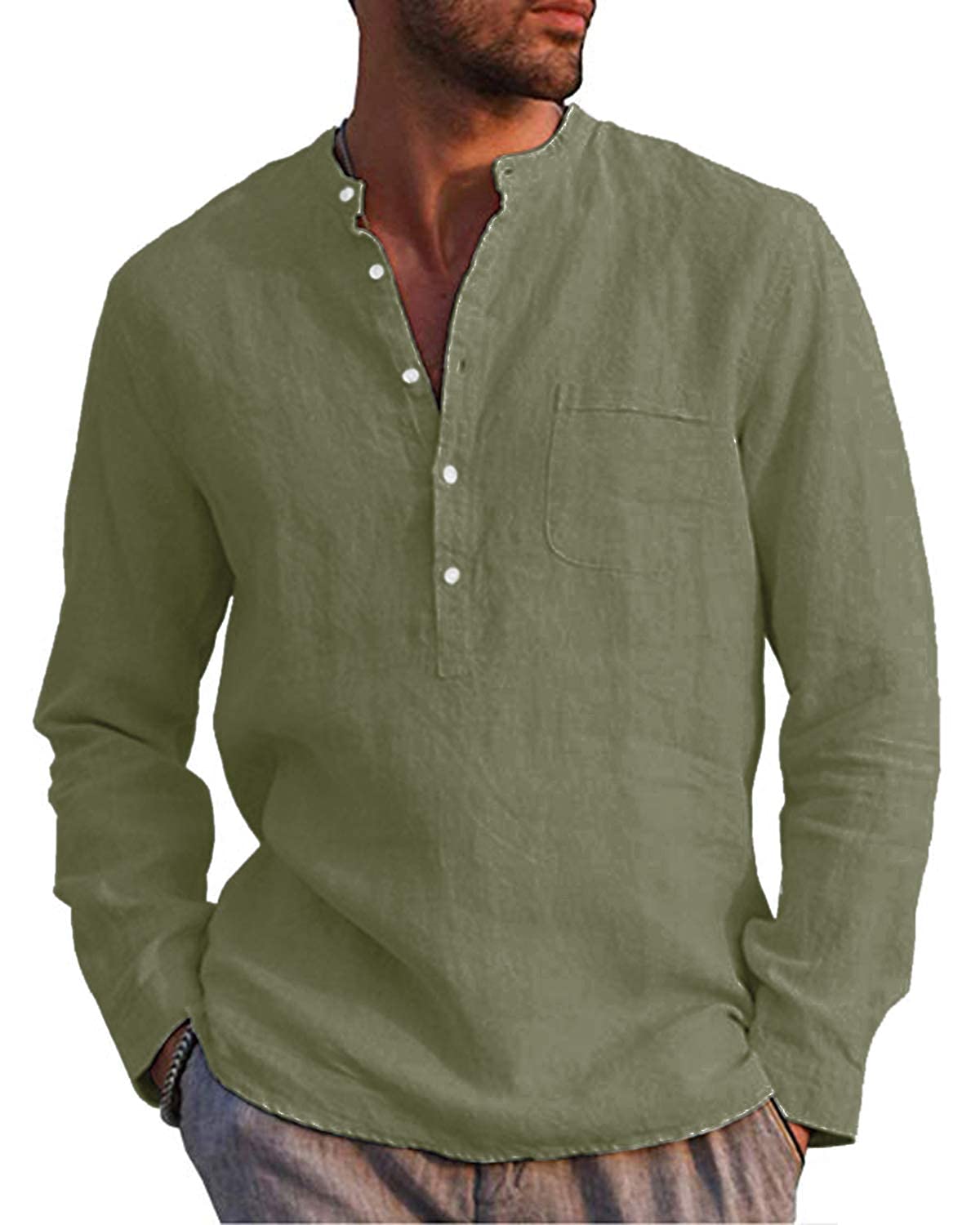 LVCBL Hemd Herren Langarm Henley Sommerhemd Herren Freizeithemd Leinenhemd Regular Fit Men Shirts