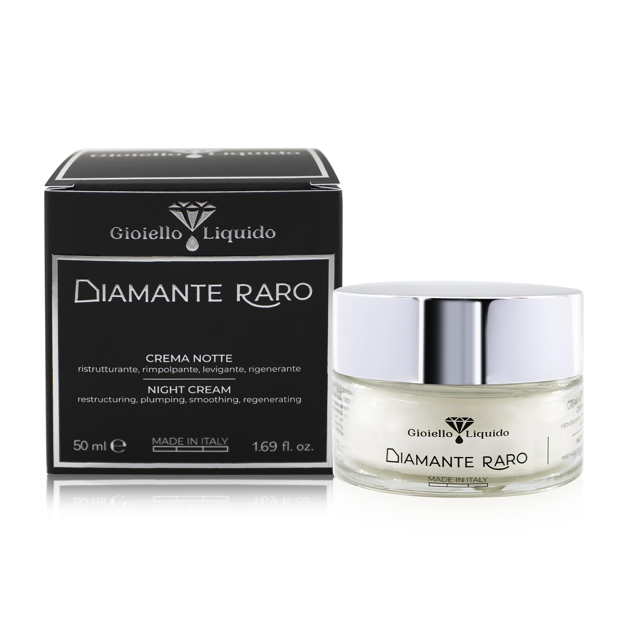 GIOIELLO LIQUIDO Crema Viso Notte Filler, Azione Antirughe Rivolumizzante con Polvere di Diamante, Caulerpa Lentillifera, Betaina e burro di cacao