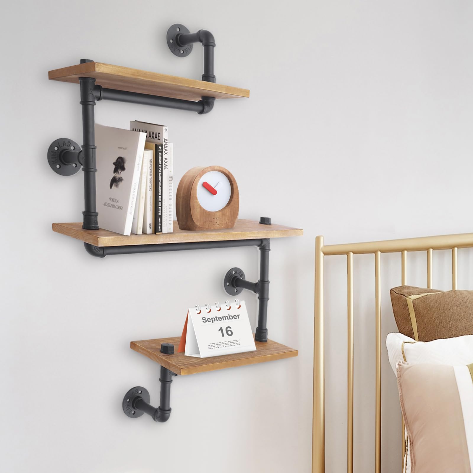 Regał ścienny, drewniany, metalowy, 3-poziomowy, do montażu na ścianie, przemysłowy design, regał kuchenny, regał na książki, do salonu, kuchni, biura