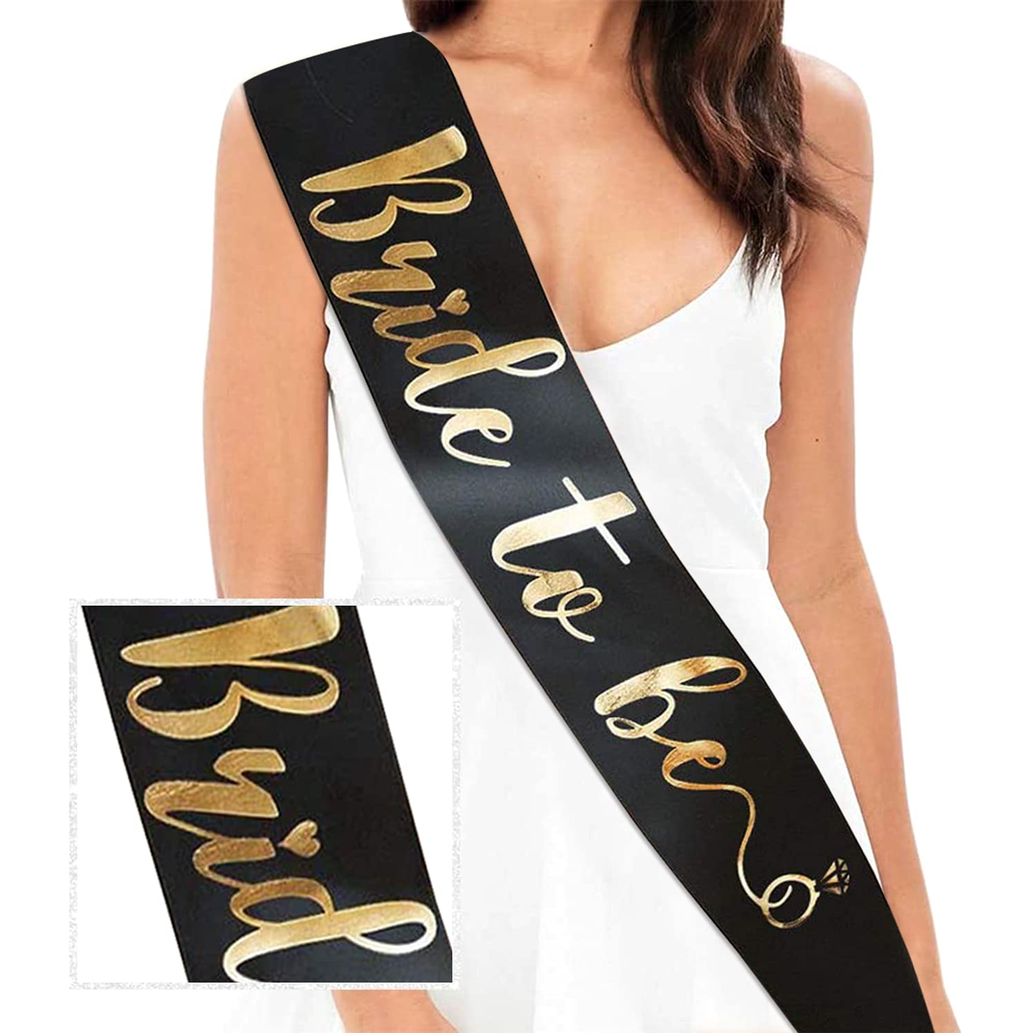 SYGA Silk Bride To Be Sash, Bachelorette Sash, Bridal Shower Hen Party Wedding Decorations Favors Accessories - Black With Gold Lettering