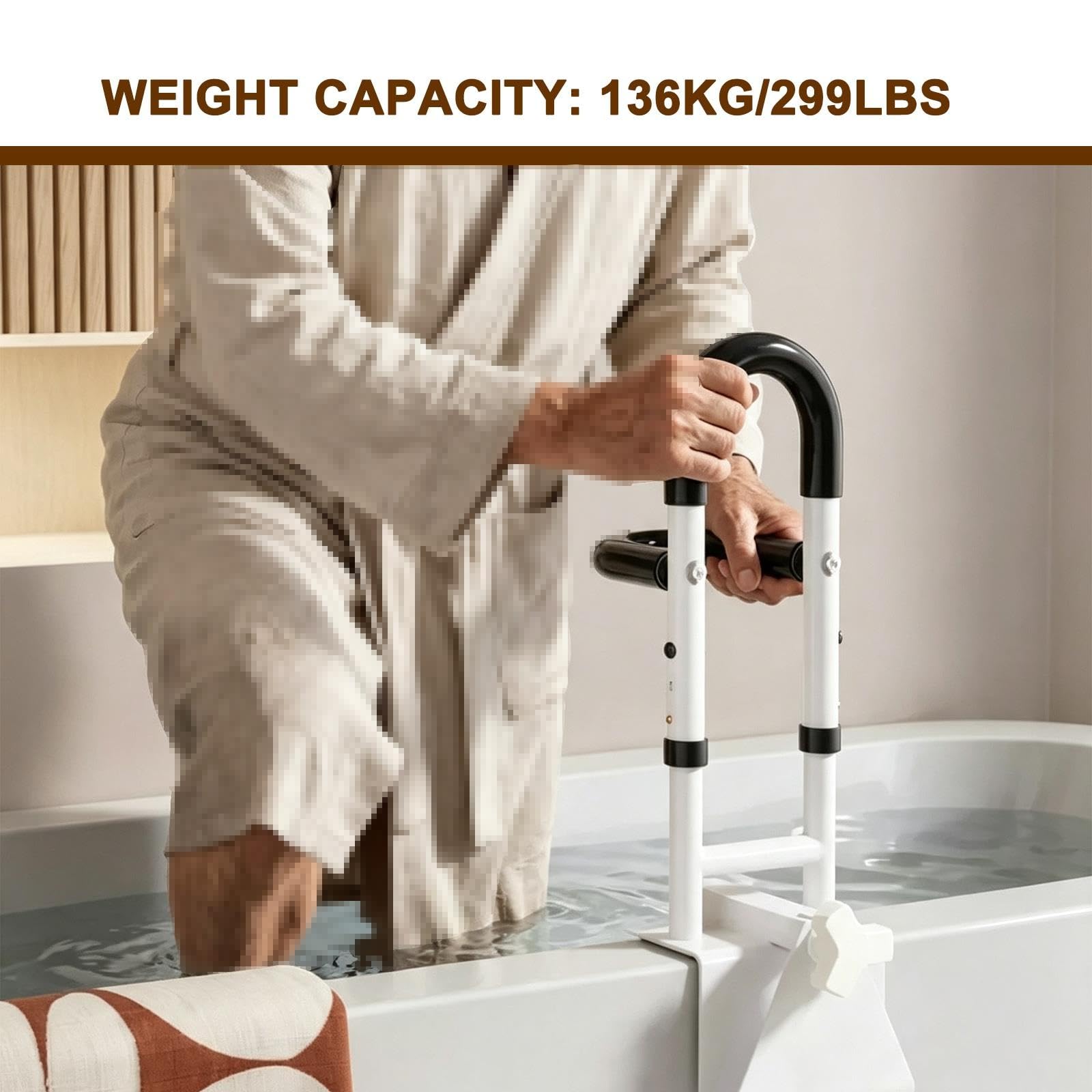 Corrimano Regolabile Vasca da Bagno, Doppia Impugnatura | Corrimano Doccia 38‑43,5 cm, Fissaggio Morsetto Senza Fori, 136 Kg, Maniglie Rimovibili per Anziani & Disabili