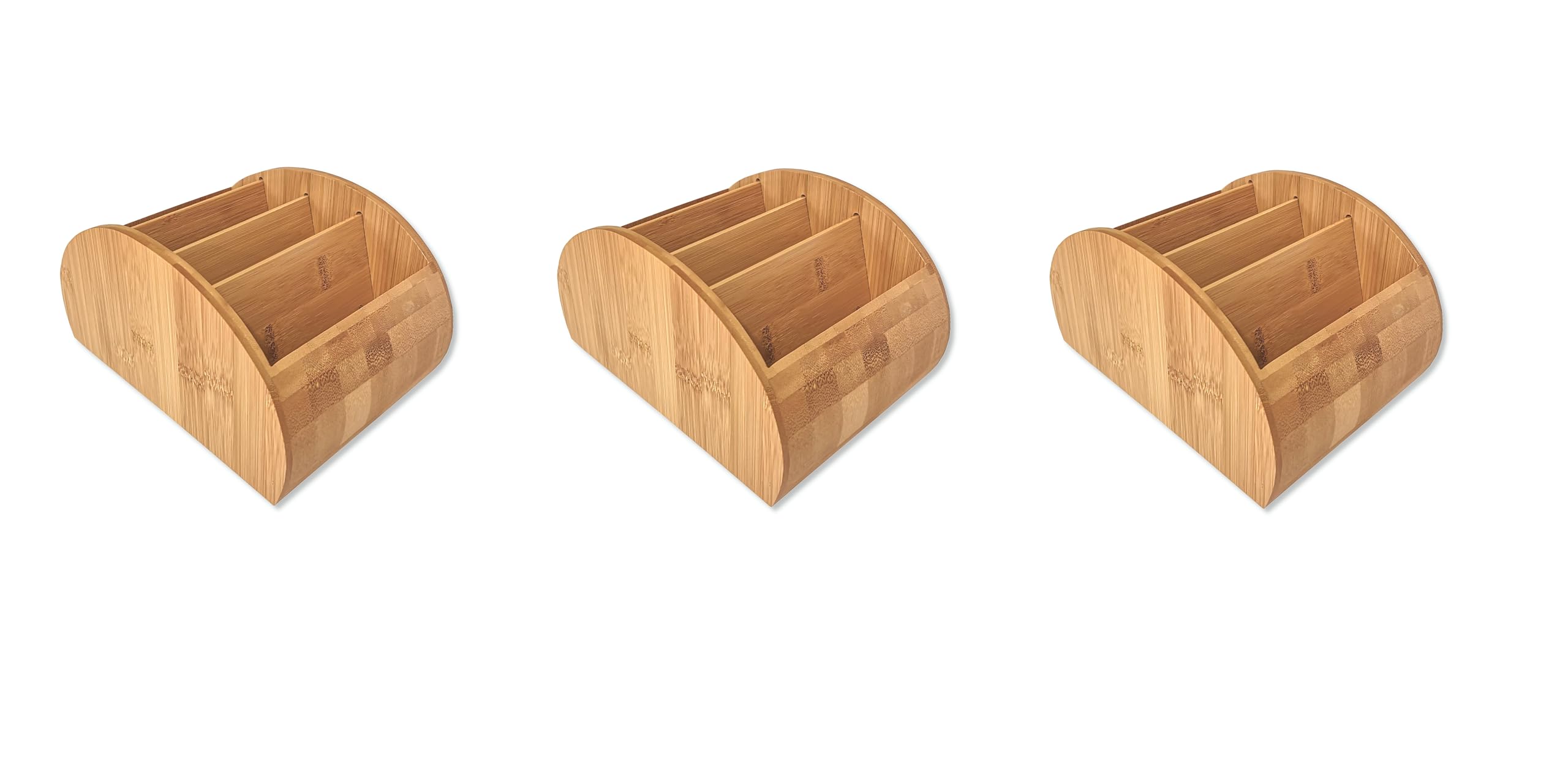 Osco Bamboo Large Remote & Desk Organiser, 4-Compartment Sustainable MOSO Bamboo Caddy for Remotes, Pens, Make-Up & Cosmetics, Natural Finish, H12 × W15.8 × D22.5 cm, 3 Pack