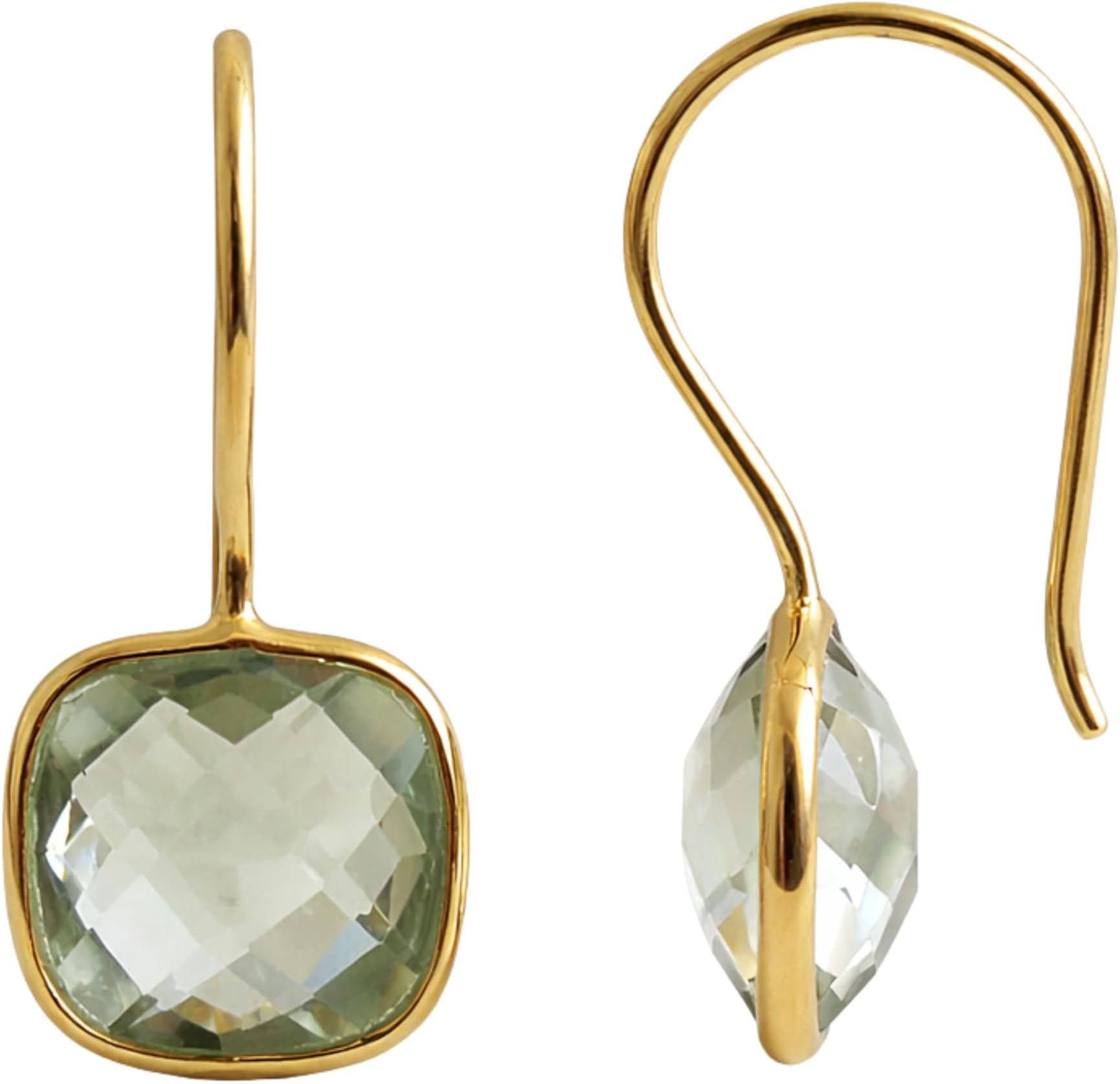 Natural Gemstone Cushion Cut 10x10mm Drop Earrings - 925 Solid Sterling Silver with 3 Micron Gold Plating - Scandinavian Handmade Fine Jewelry for Women