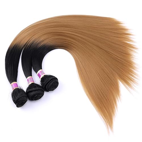 Miniatura 4 de Extensiones de cabello lacio y sedoso, tejido de cabello sintético, 3 paquetes de dos tonos degradado negro a dorado, T127 (16 pulgadas, 18