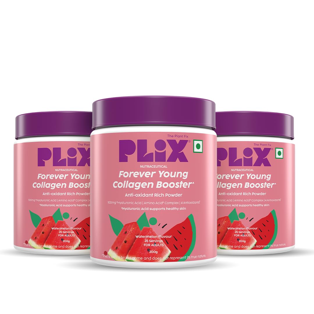 PLIX – THE PLANT FIX | Collagen Booster Powder to Support Healthy Skin | Supports Collagen Production, Antioxidants & Skin Health | Vitamin C, Hyaluronic Acid & Superfood Blend, Watermelon (3 x 200 g)