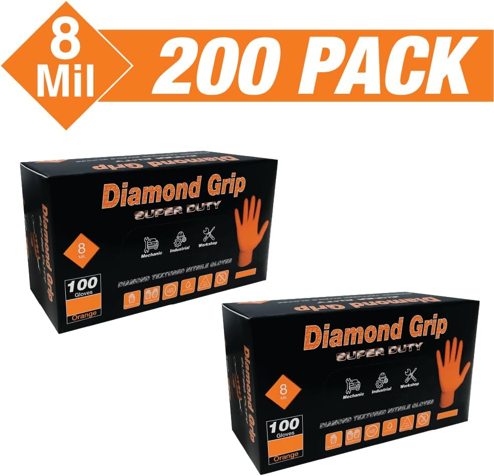 Heavy Duty Industrial Orange Nitrile Gloves with Raised Diamond Texture, 8-mil, Latex Free, Powder Free DiamondGrip-Orange