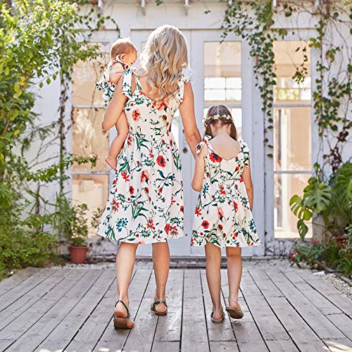 PopReal Mommy and Me Floral Printed Dresses Shoulder Straps Bowknot Chiffon Sleeveless Beach Mini Sundress4