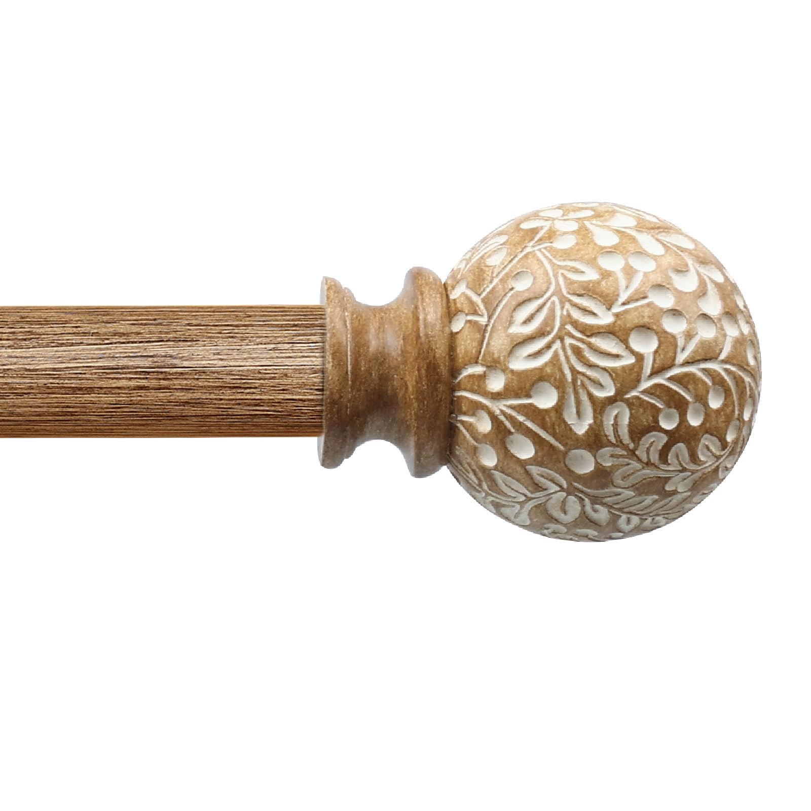 LDSP Wood Curtain Rod For Windows 48 to 84 Inch, 1Inch Adjustable Brown Imitation Wood Grain Flower Leaf Pattern Finials, Heavy Duty Indoor/Outdoor