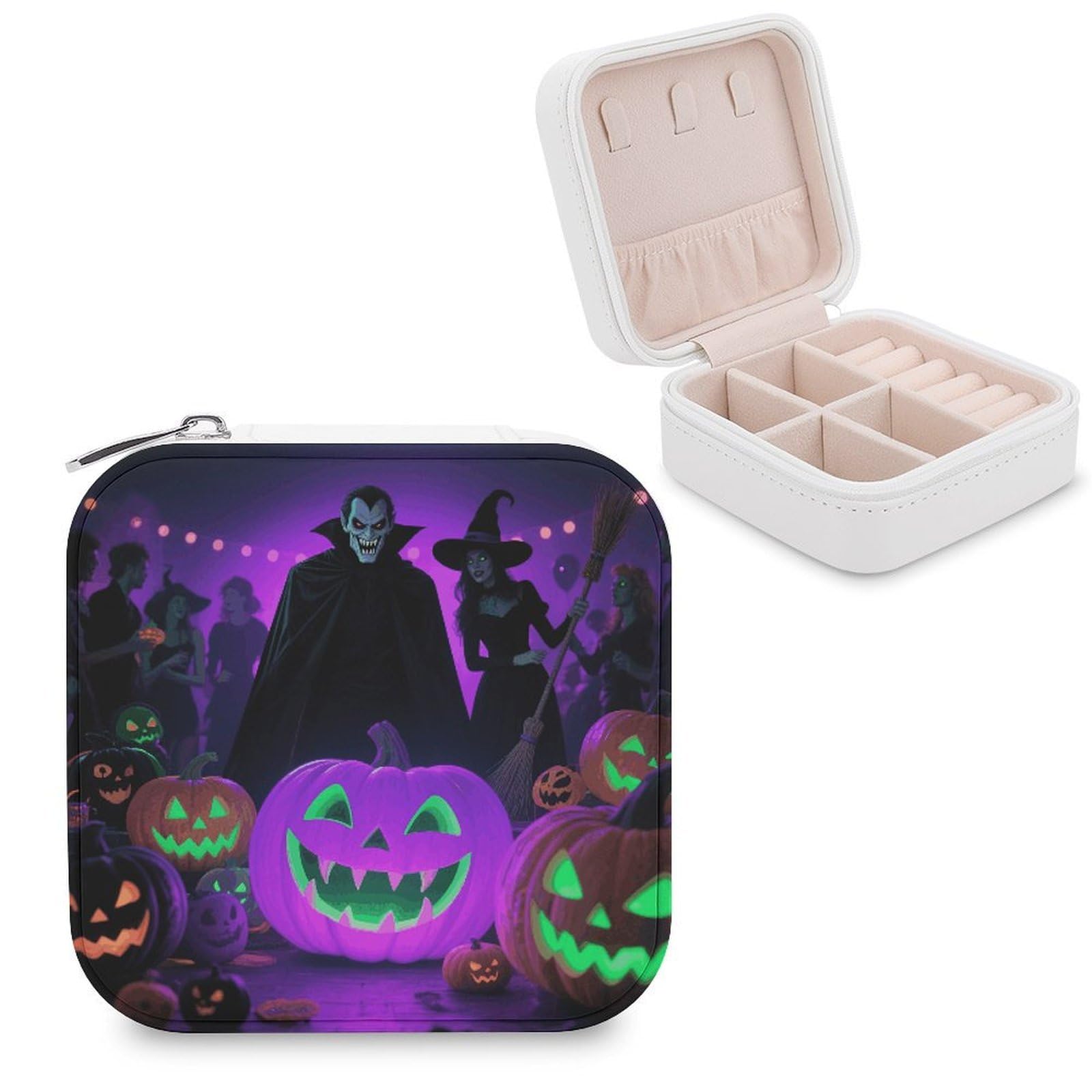 VstaDank Art Halloween Jewelry Box for Women Jewelry Organizer Storage Case with Zipper Mini Travel Jewelry Case Cute Trinket Organizer Leather Portable Jewelry Storage Box