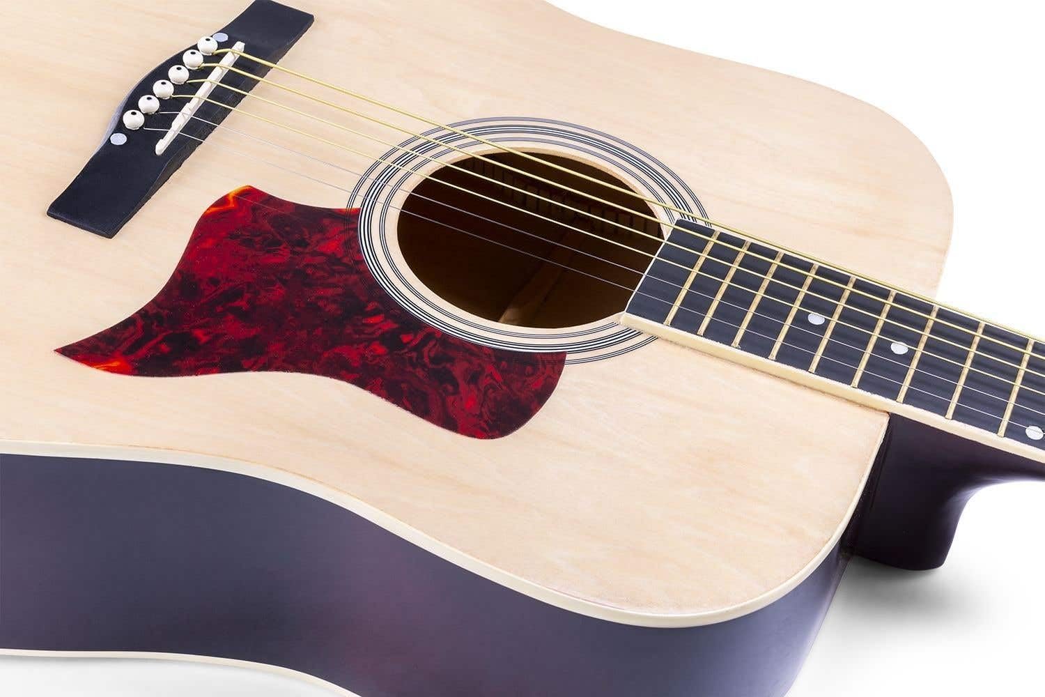 MAX SoloJam Akustik Gitarre Set - Westerngitarre, Gitarrenständer, Gitarrentasche, Plektrum, Gitarrenstimmgerät, Schultergurt, Saiten, Gitarren-Starterset mit Zubehör - Natur