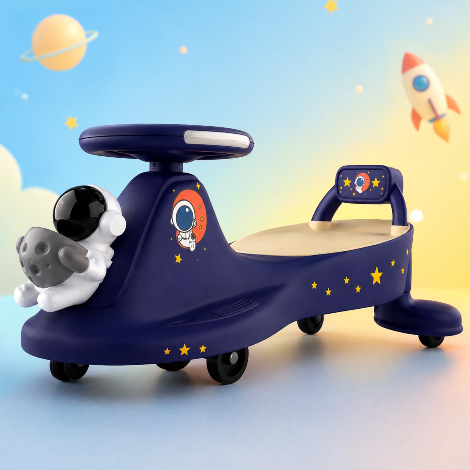 Lifelong Cuppy Galaxy Ride On Swing Car for Kids | Space Theme, No Battery, No Pedal, Non-Slip Wheels, Ergonomic Backrest | Twist & Go Magic Car for 2-5 Year Old Boys & Girls (LLCASC01, Blue)-image-3