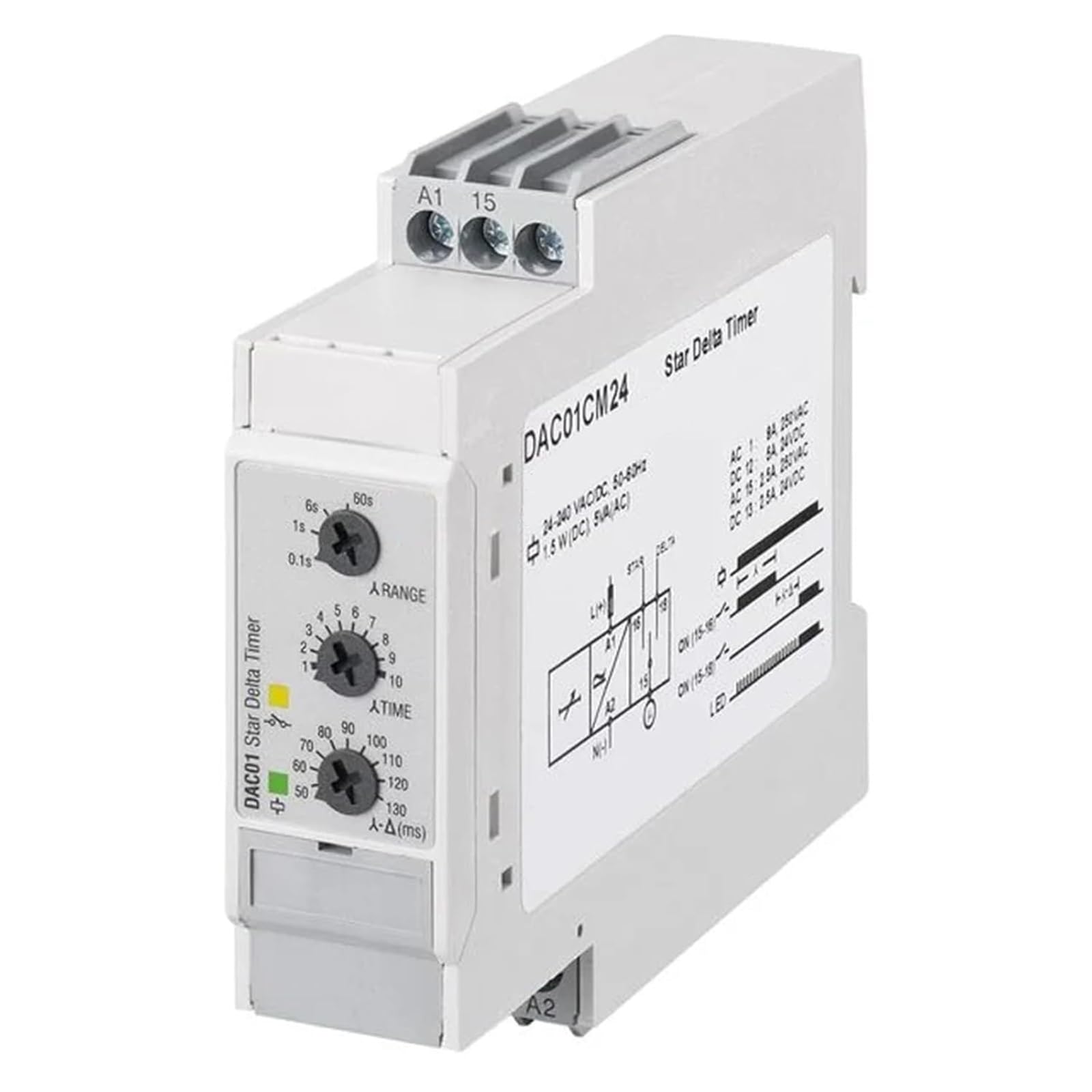 Relè di controllo avviamento motore DAC01CM24 - Temporizzatore industriale 24-240 V CA/CC con funzioni ritardo e ciclo regolabili .0719