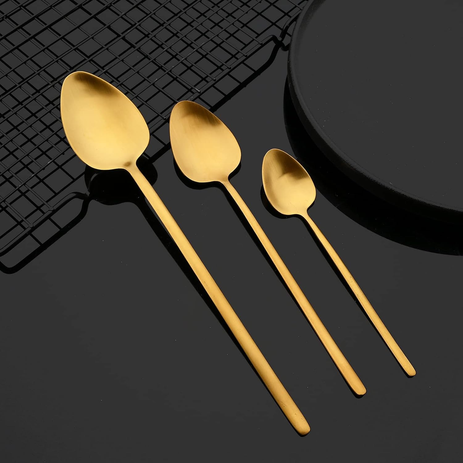 JASHII Modern Design 304 Stainless Steel 5.3" Tea Fork Set,3 prong Small Cake Fruit Forks and 5.4" Coffee Spoons Frosted Handle for Coffee Ice Cream Sugar Parties Events Wedding - Gold