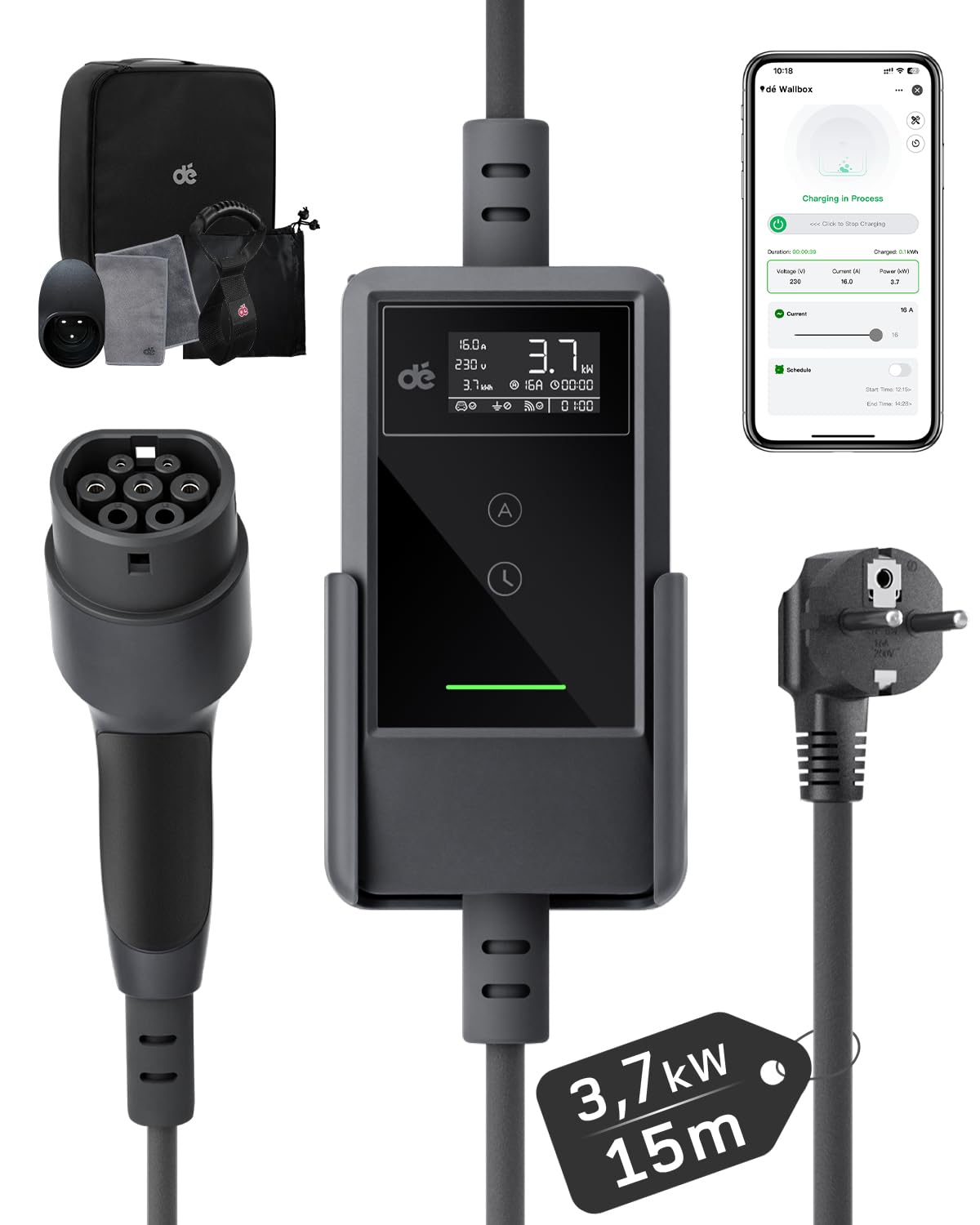 dé Kabel do ładowania typu 2 Schuko z aplikacją 3,7 kW [15 m, 6-16 A] kabel do ładowania typu 2 Schuko z cyfrowym wyświetlaczem LCD - ładowarka EV do e Auto ID.3/4/5/7, model Y/3, ENYAQ i innych PHEV