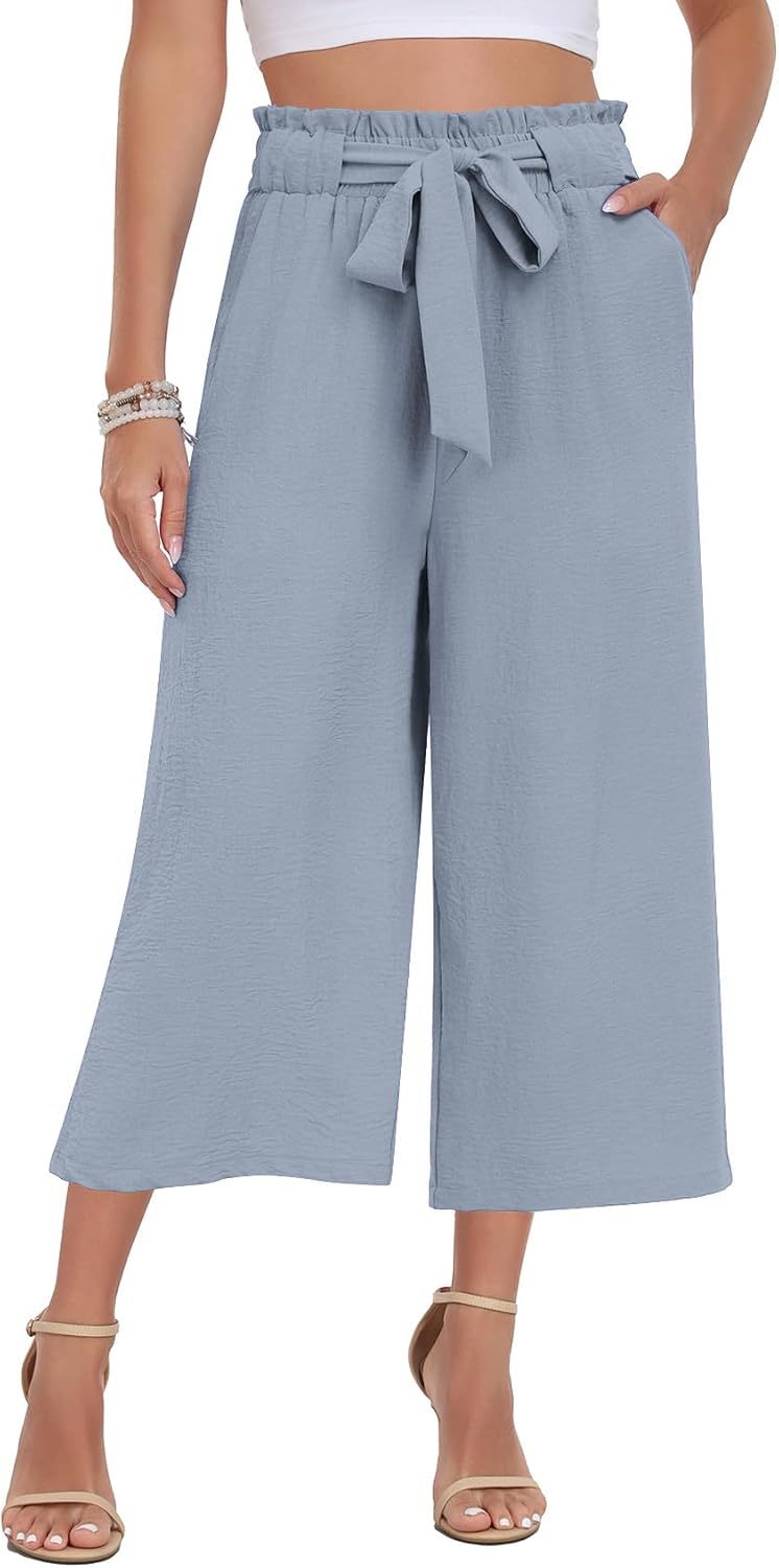 DILIUXING Womens Wide Leg Lounge Capri Pants with Pockets Lightweight High Waisted Adjustable Loose Tie Knot Trouser