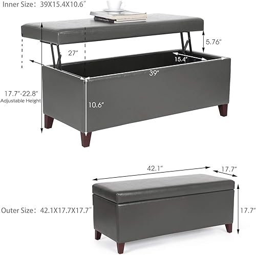 Miniatura 39 de Adeco Otomana de almacenamiento, banco tapizado rectangular de piel sintética con patas de madera, reposapiés, mesa de café para sala de estar,