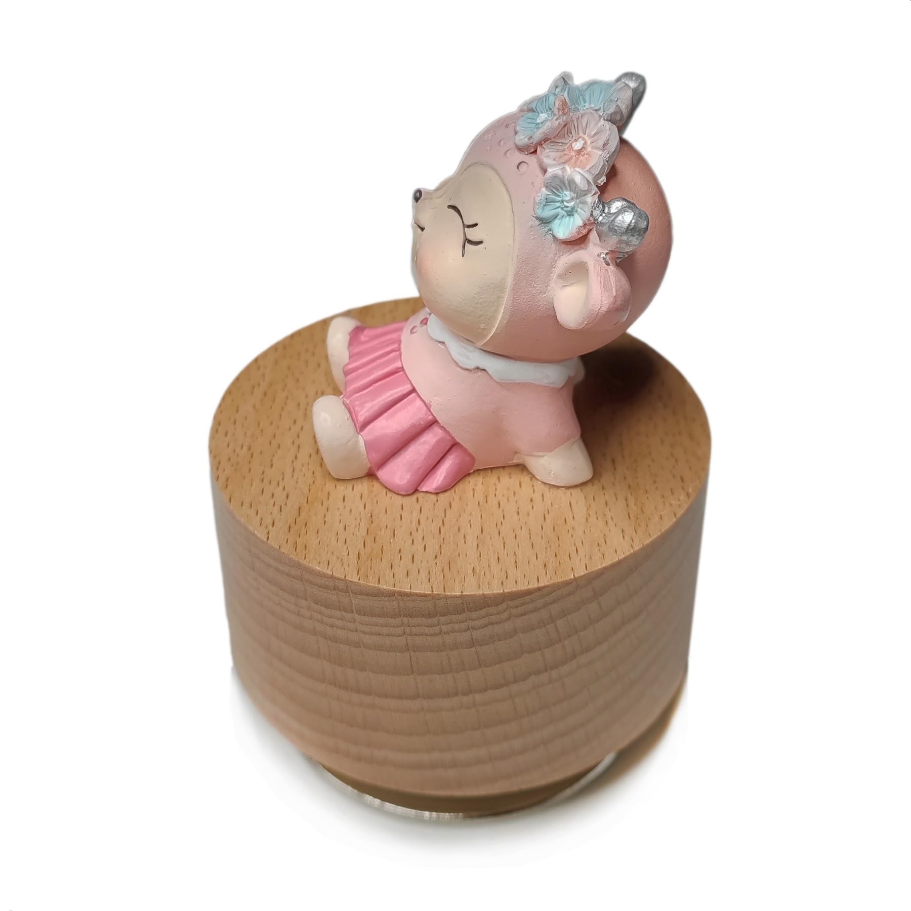 falado Mini Wooden Animal Rotary Music Box with Cute Deer Ornament (Tune: Edelweiss), Beige and Pink, 1 - Image 3