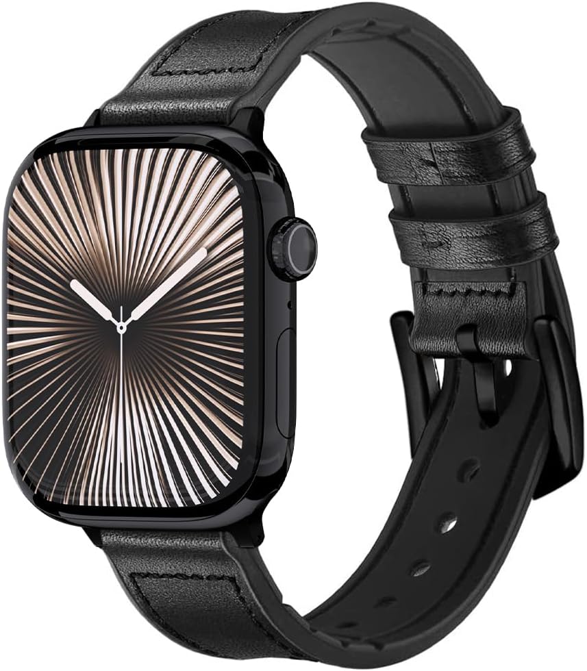 Series 10 Leather Band Compatible with Apple Watch Series 10 46mm Jet Black, Slate - Hybrid Leather with Rubber Inside - Sweatproof Waterproof Band