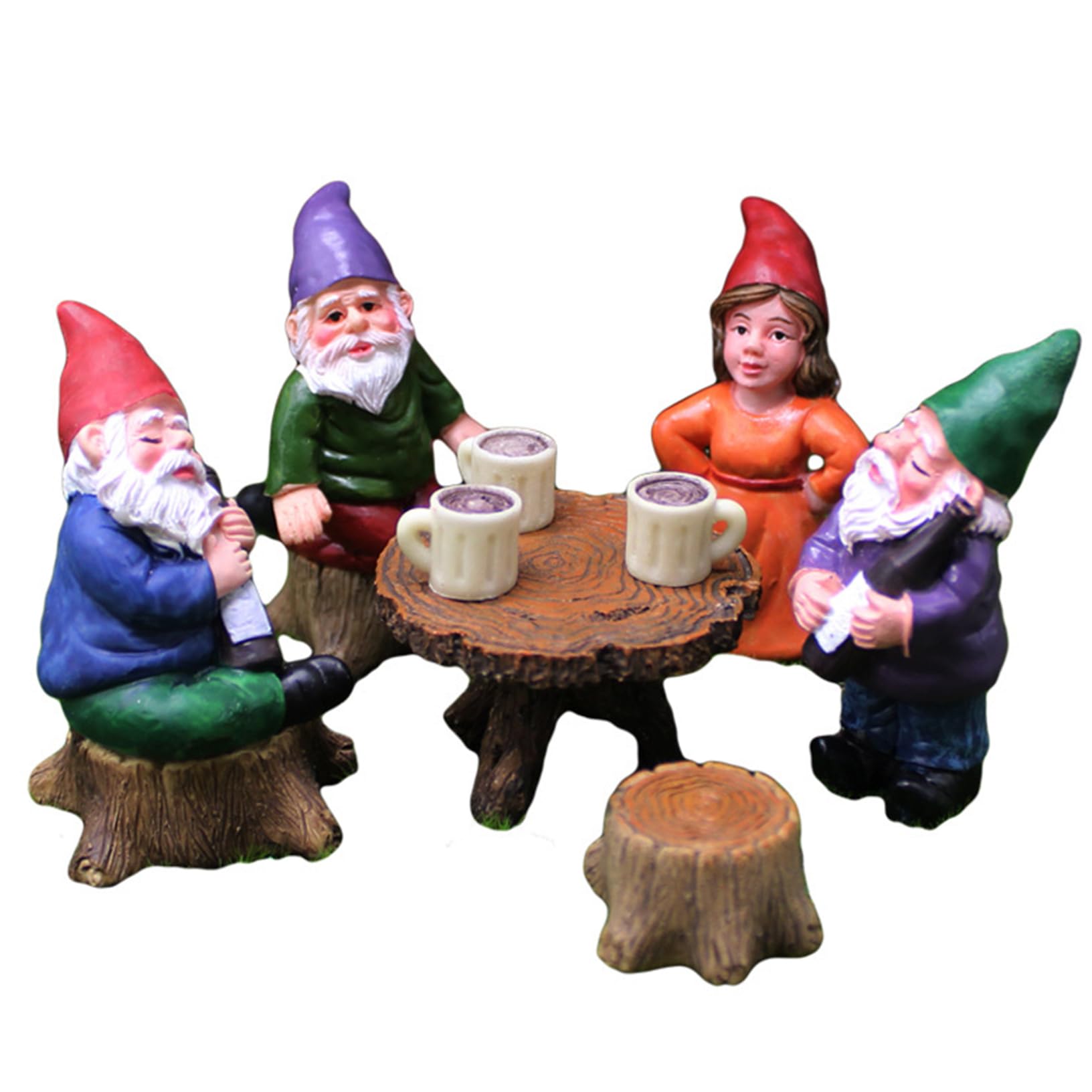 6Pcs Cute Resin Garden Gnome Figurine Statue with Table Stool Outdoor Yard Lawn Decor