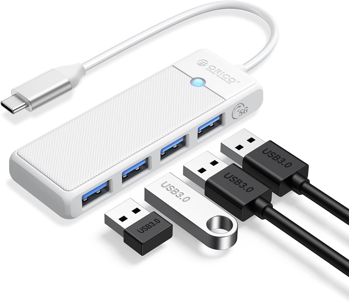 Hub USB, ORICO Adattatore USB C 4 in 1, Hub USB 3.0, USB C per MacBook, Surface Pro, XPS, Unità flash USB, PC Notebook, chiavetta USB, Laptop, Mobile, 0.15M Bianco