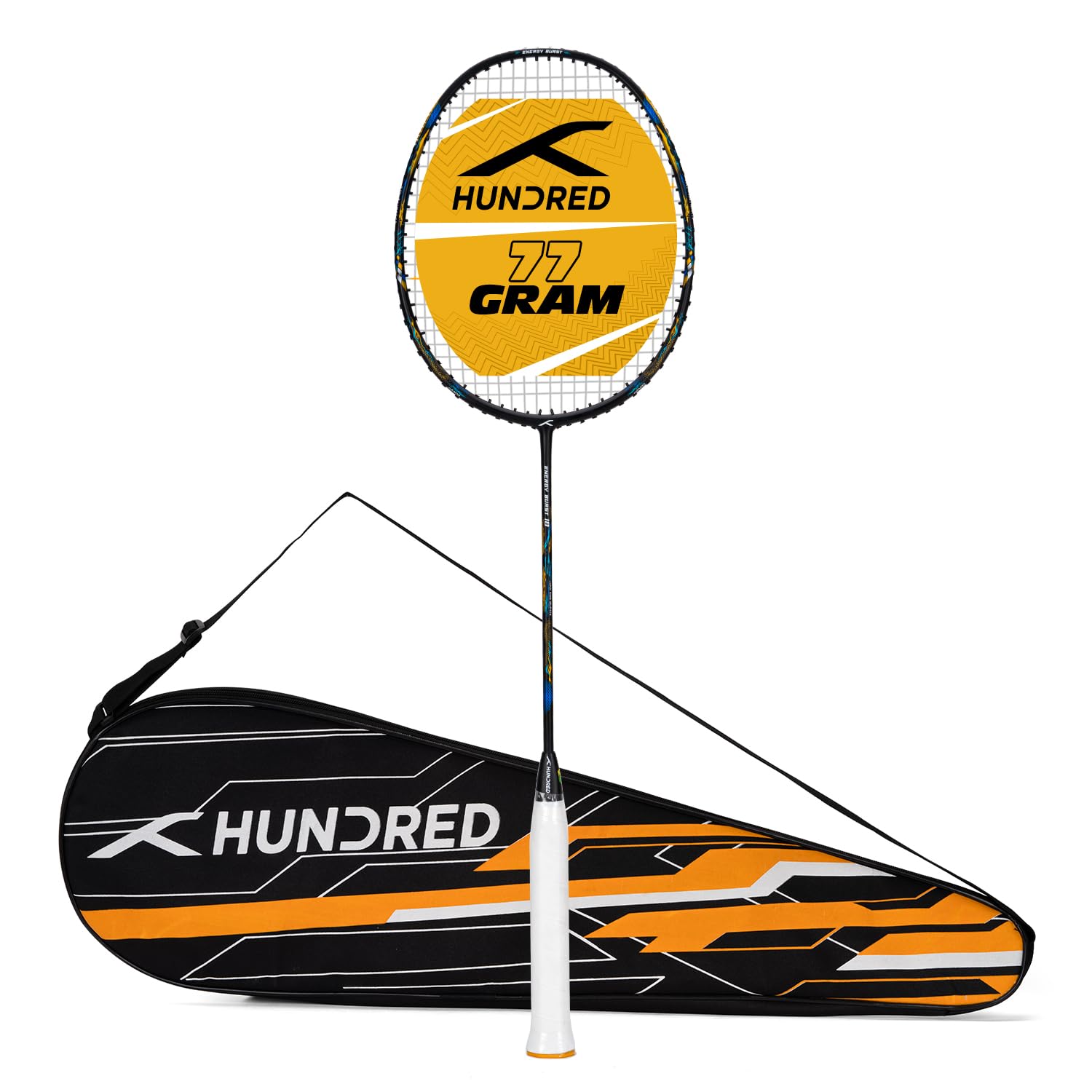 Hundred Energy Burst 18 Strung Badminton Racket with Full Cover (Black/Blue, 77 g), Carbon Fibre