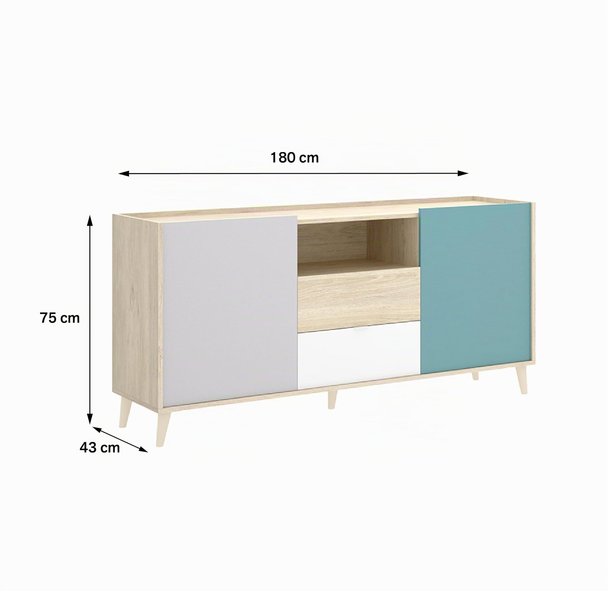 DEKIT GRUPO RIMOBEL NOVA - APARADOR DE 2 PUERTAS Y 2 CAJONES CON ALMACENAJE -75X155X43 cm - BLANCO / NATURAL / GRIS / ESMERALDA