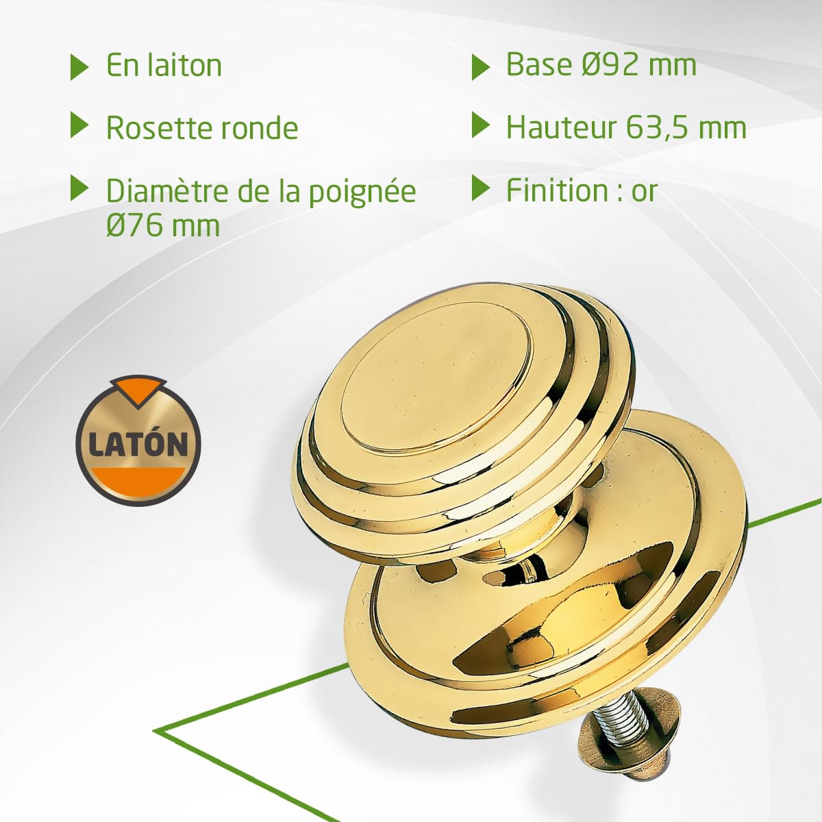 Amig - Bouton de porte | Fabriqué en laiton | Poignée : Ø76 mm | Or | Solide | Résistant au frottement, à la rouille et à la corrosion