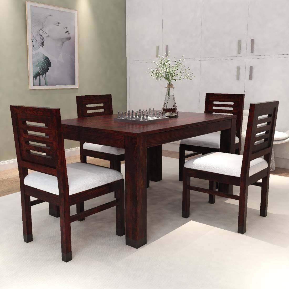 Modern Furniture Solid Sheesham Wood 4 Seater Dining Table Set || Dining Table with 4 Chairs || Dinner Table Set for Dinning Room Home, Hotel and Office || Mahogany Finish-image-35
