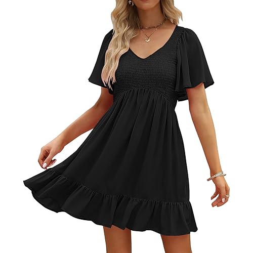 LILLUSORY Women's Flowy Casual Mini Dresses 2024 Summer Smocked V Neck Flutter Sleeve Ruffle Dress with Pockets