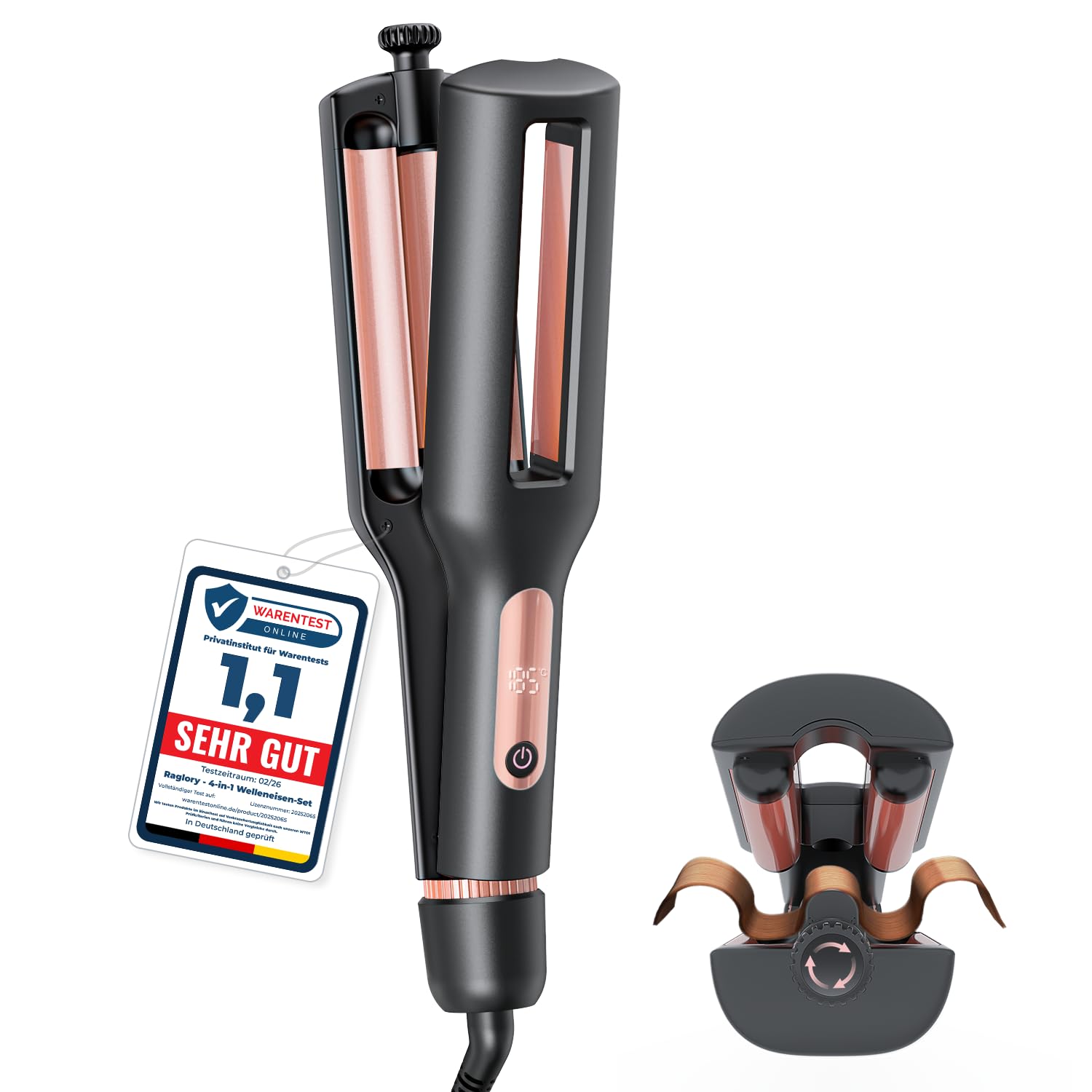 22/25/32/38mm Einstellbar Welleneisen für Haare - 4 In 1 Beach Waves Lockenstab, 3 Fässer Lockeneisen mit Anzeige, Verbrennungsschutz, Schnelle Heizung, 4 Temperaturen(140-210°C), Rose Gold